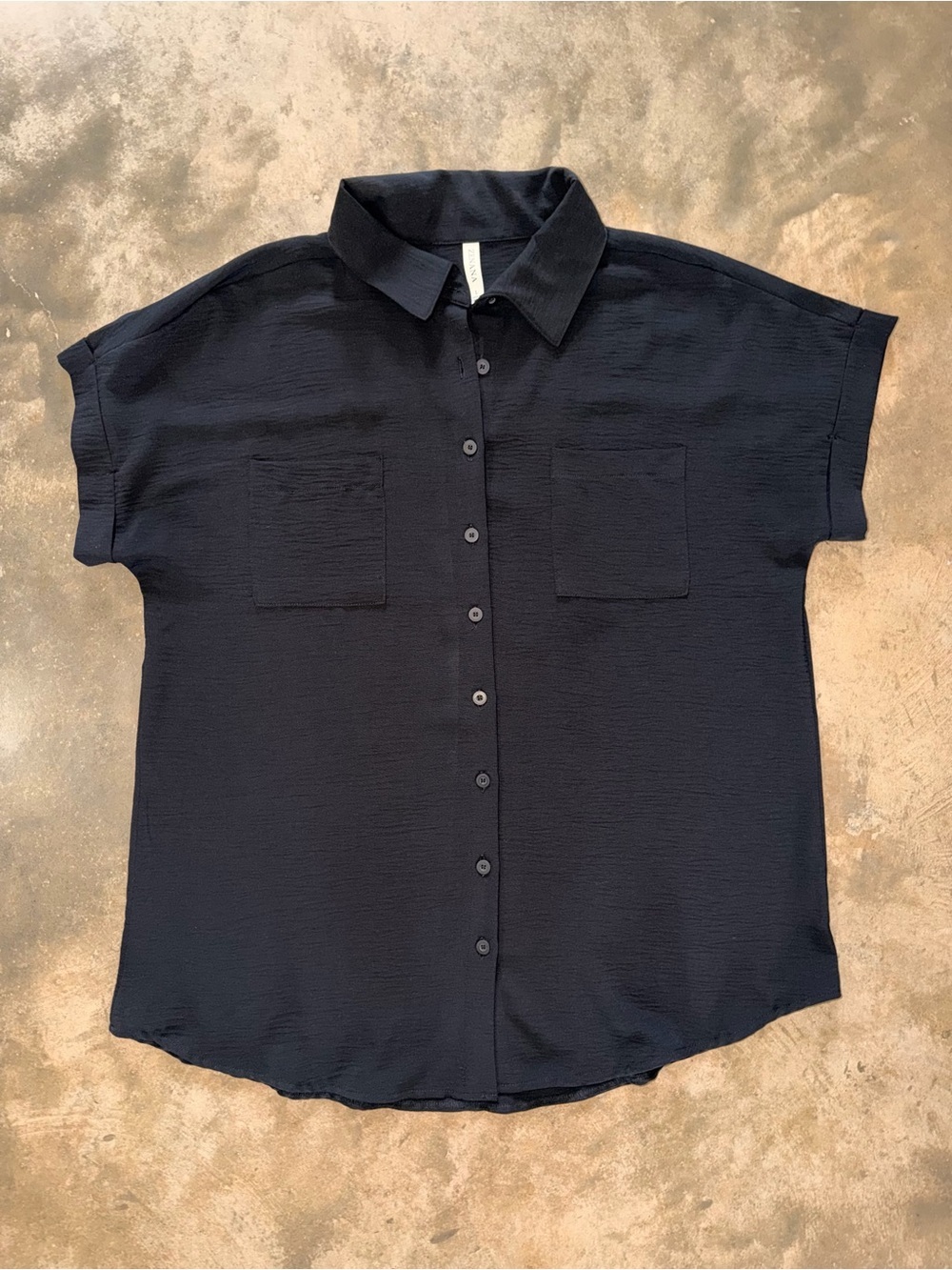 Zenana Black Textured Button Front Blouse Collared Short Sleeve Top Large